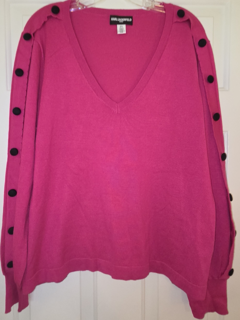Karl Lagerfeld Women's V-Neck Sweater in Hot Pink with Black Buttons
